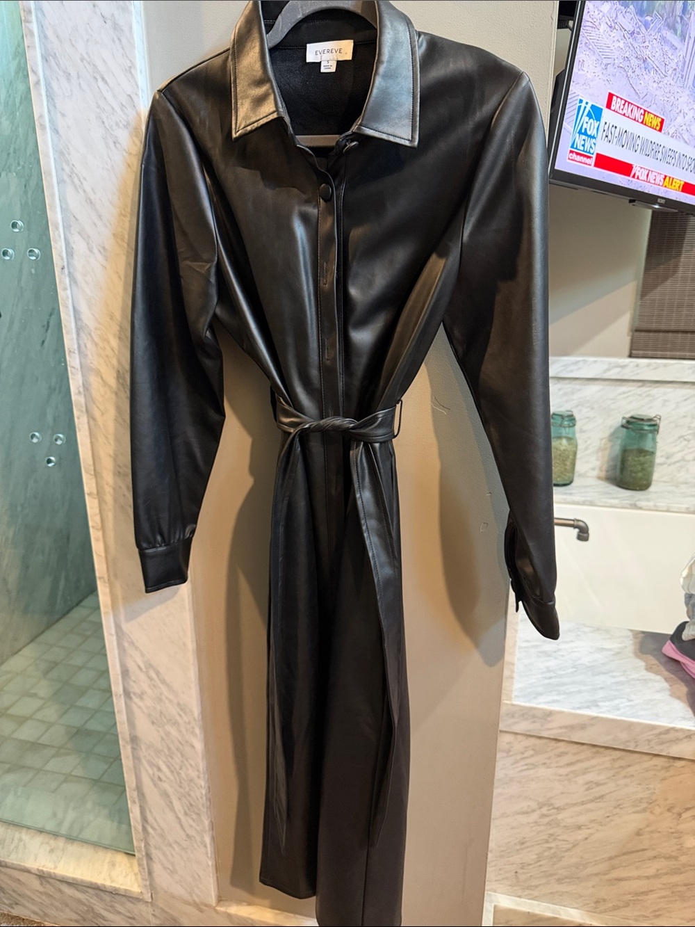 Evereve Black Faux Leather Long Belted Shirt Dress